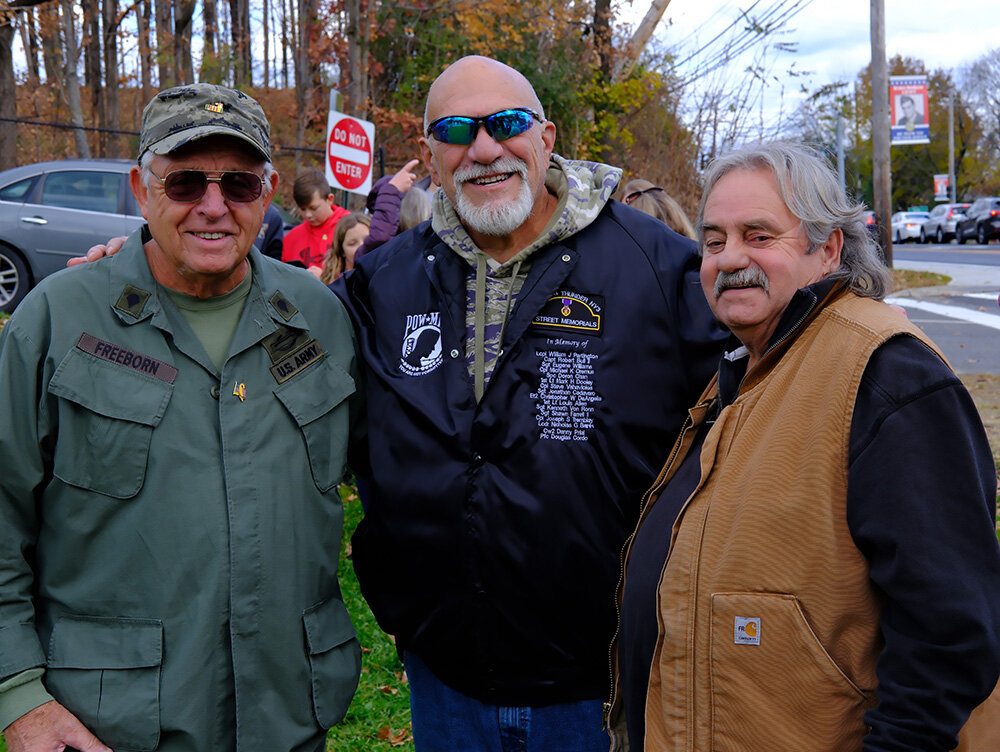 Pictured L-R Veteran Joe Freeborn, Rolling Thunder member and Memorial Street Sign Founder Charley Alonge and Veteran Bill Bramley came to the ceremony to honor all Veterans for their service